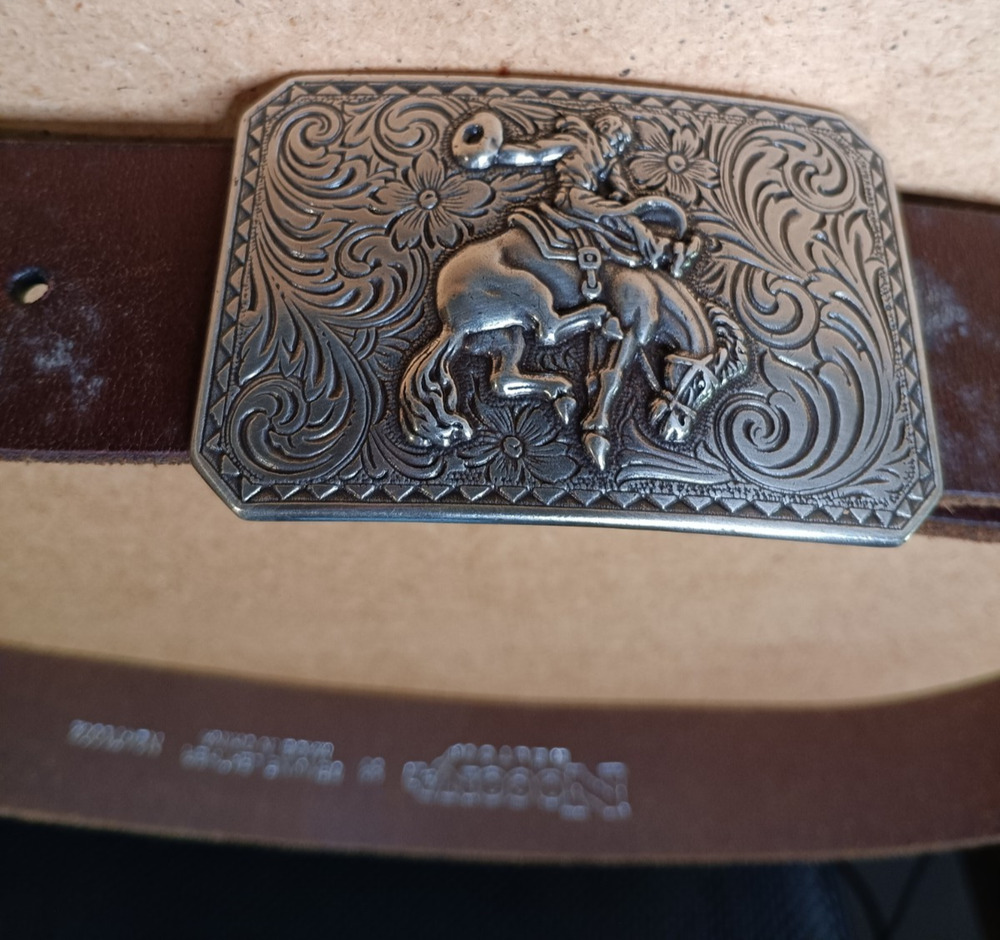 Nocona Belt Brown Genuine Leather Size 36 N2471002 Buckle Bucking Bronco Cowboy